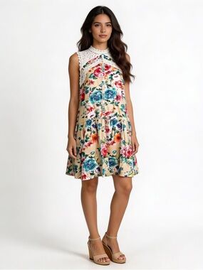 UMGEE | Tan Floral Print High Neck Baby Doll Dress Sz S